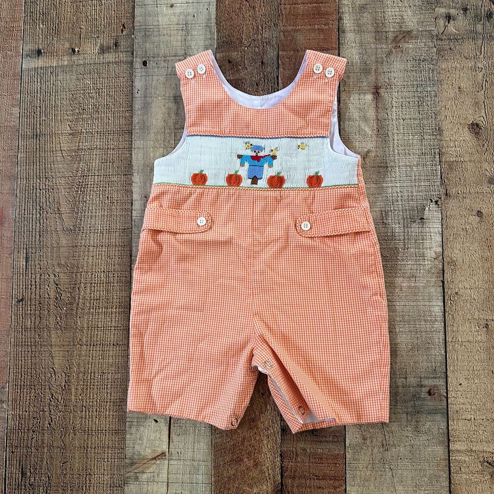 Mom & Me Embroidered Gingham Fall Romper Overalls – Unisex 9 Months in Orange
